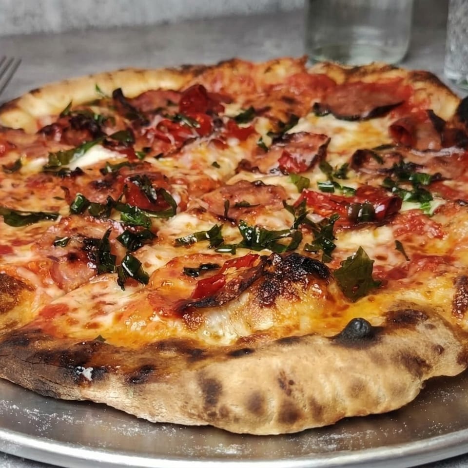 A Fire on the Lake pizza with pepperoni, basil, and melted cheese on a metal tray.